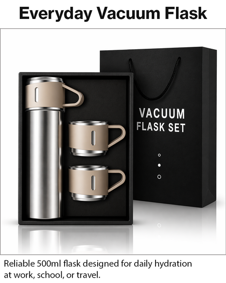 500ml Stainless Steel Vacuum Flask Set with 3 Cups Insulated