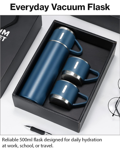 500ml Stainless Steel Vacuum Flask Set with 3 Cups Insulated