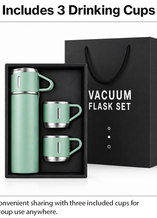 500ml Stainless Steel Vacuum Flask Set with 3 Cups Insulated
