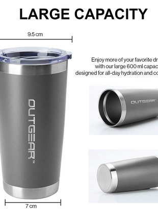 OutGear 600ml Stainless Steel Thermal Travel Mug – Double-Wall Insulated, BPA-Free Sliding Lid, Hot & Cold Retention, Fits Car Cup Holders - Gray
