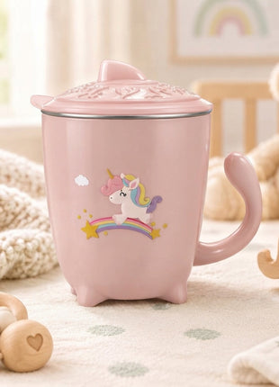 250ml Double Wall Insulated Toddler Cup with Snap-On Lid, Spill-Resistant Silicone Seal, ABS Plastic Cartoon Design, Warm & Cold Drinks Pink