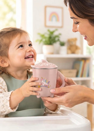 250ml Double Wall Insulated Toddler Cup with Snap-On Lid, Spill-Resistant Silicone Seal, ABS Plastic Cartoon Design, Warm & Cold Drinks Pink