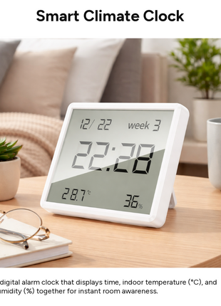Digital Alarm Clock with Temperature & Humidity Display, 12/24 Hour Format, LCD Screen, CR2032 Battery Powered Desk Clock 9.5 cm