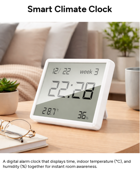 Digital Alarm Clock with Temperature & Humidity Display, 12/24 Hour Format, LCD Screen, CR2032 Battery Powered Desk Clock 9.5 cm