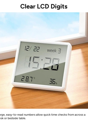 Digital Alarm Clock with Temperature & Humidity Display, 12/24 Hour Format, LCD Screen, CR2032 Battery Powered Desk Clock 9.5 cm