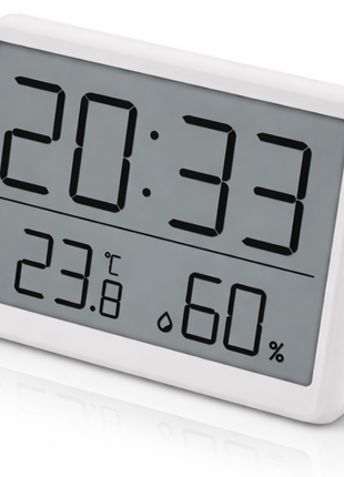 Digital Alarm Clock with Temperature & Humidity Display, 12/24 Hour Format, LCD Screen, CR2032 Battery Powered Desk Clock 9.5 cm