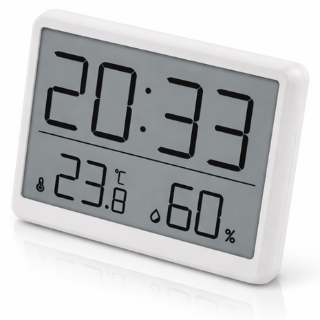 Digital Alarm Clock with Temperature & Humidity Display, 12/24 Hour Format, LCD Screen, CR2032 Battery Powered Desk Clock 9.5 cm