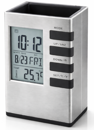 Digital Desk Organizer Pen Holder with LCD Clock, Calendar, Date & Temperature Display, Desktop Stationery Holder, Battery Powered