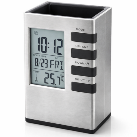 Digital Desk Organizer Pen Holder with LCD Clock, Calendar, Date & Temperature Display, Desktop Stationery Holder, Battery Powered