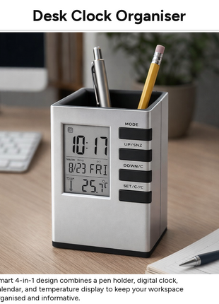 Digital Desk Organizer Pen Holder with LCD Clock, Calendar, Date & Temperature Display, Desktop Stationery Holder, Battery Powered