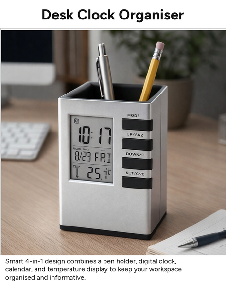 Digital Desk Organizer Pen Holder with LCD Clock, Calendar, Date & Temperature Display, Desktop Stationery Holder, Battery Powered