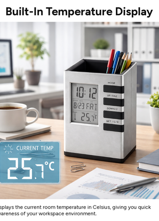 Digital Desk Organizer Pen Holder with LCD Clock, Calendar, Date & Temperature Display, Desktop Stationery Holder, Battery Powered