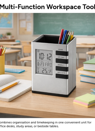 Digital Desk Organizer Pen Holder with LCD Clock, Calendar, Date & Temperature Display, Desktop Stationery Holder, Battery Powered