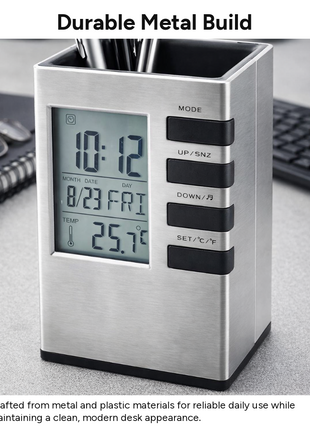 Digital Desk Organizer Pen Holder with LCD Clock, Calendar, Date & Temperature Display, Desktop Stationery Holder, Battery Powered