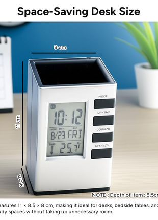 Digital Desk Organizer Pen Holder with LCD Clock, Calendar, Date & Temperature Display, Desktop Stationery Holder, Battery Powered