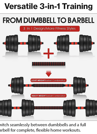 Adjustable Dumbbell & Barbell Set 40kg Plates Spinlock Home Gym 3-in-1 Training Kit Bar Connector Non-Slip Grip