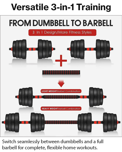 Adjustable Dumbbell & Barbell Set 30kg Plates Spinlock Home Gym 3-in-1 Training Kit Bar Connector Non-Slip Grip