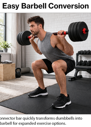 Adjustable Dumbbell & Barbell Set 40kg Plates Spinlock Home Gym 3-in-1 Training Kit Bar Connector Non-Slip Grip