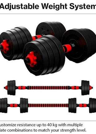 Adjustable Dumbbell & Barbell Set 40kg Plates Spinlock Home Gym 3-in-1 Training Kit Bar Connector Non-Slip Grip