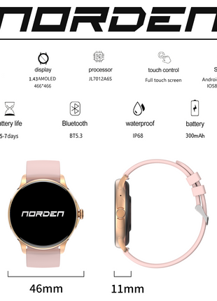 Norden Up Smart Watch, 1.43" AMOLED Full Touch Screen,Heart Rate & Sleep Monitoring, AI Voice Assistant, Multiple Sports Modes, BT5.3, 3-5 Days Battery Life, Magnetic Charging, Pink/Gold