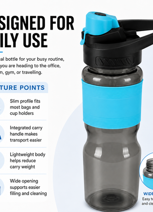 600 mL Leak-Resistant Water Bottle with Flip-Top Carry Lid and Silicone Grip Sleeve- Blue