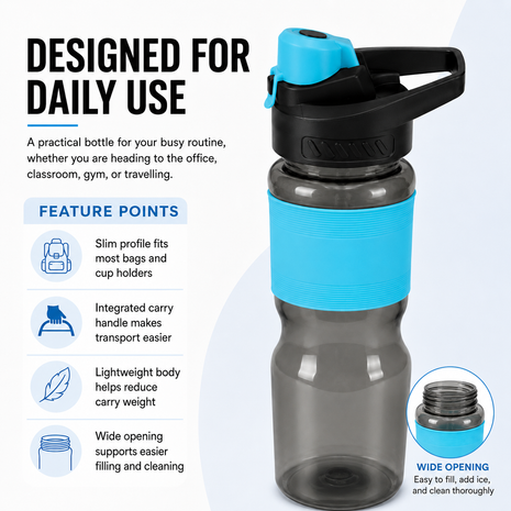 600 mL Leak-Resistant Water Bottle with Flip-Top Carry Lid and Silicone Grip Sleeve- Blue