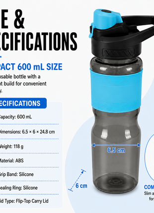 600 mL Leak-Resistant Water Bottle with Flip-Top Carry Lid and Silicone Grip Sleeve- Blue