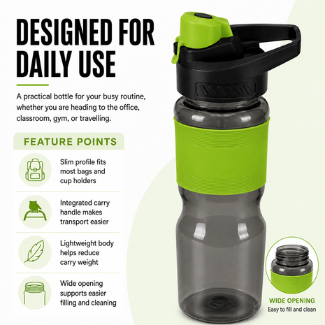 600 mL Leak-Resistant Water Bottle with Flip-Top Carry Lid and Silicone Grip Sleeve- Green