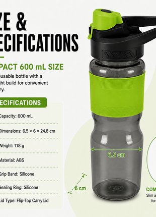 600 mL Leak-Resistant Water Bottle with Flip-Top Carry Lid and Silicone Grip Sleeve- Green