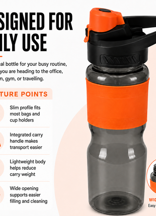 600 mL Leak-Resistant Water Bottle with Flip-Top Carry Lid and Silicone Grip Sleeve- Orange