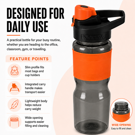 600 mL Leak-Resistant Water Bottle with Flip-Top Carry Lid and Silicone Grip Sleeve- Orange