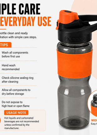600 mL Leak-Resistant Water Bottle with Flip-Top Carry Lid and Silicone Grip Sleeve- Orange