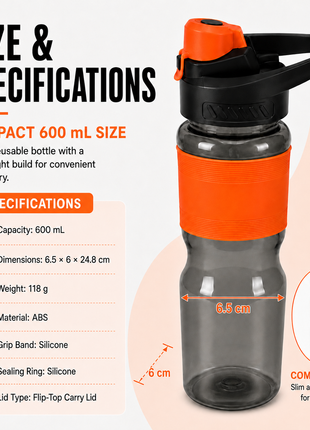 600 mL Leak-Resistant Water Bottle with Flip-Top Carry Lid and Silicone Grip Sleeve- Orange