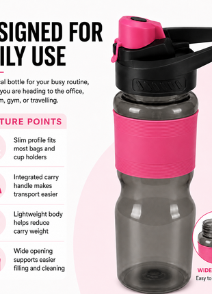 600 mL Leak-Resistant Water Bottle with Flip-Top Carry Lid and Silicone Grip Sleeve- Pink