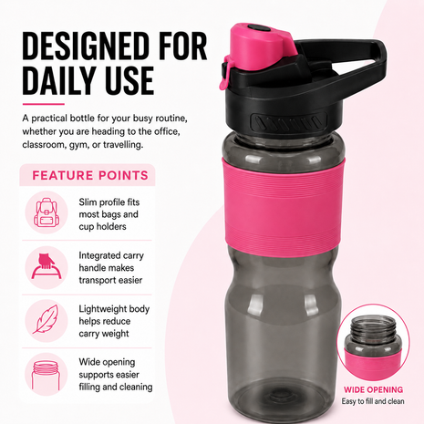 600 mL Leak-Resistant Water Bottle with Flip-Top Carry Lid and Silicone Grip Sleeve- Pink