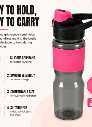 600 mL Leak-Resistant Water Bottle with Flip-Top Carry Lid and Silicone Grip Sleeve- Pink