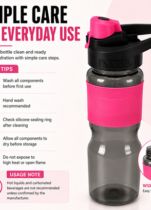 600 mL Leak-Resistant Water Bottle with Flip-Top Carry Lid and Silicone Grip Sleeve- Pink