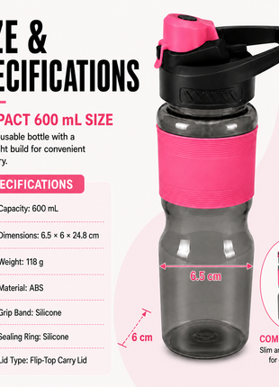 600 mL Leak-Resistant Water Bottle with Flip-Top Carry Lid and Silicone Grip Sleeve- Pink