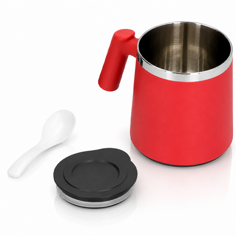 Portable Soup Mug with Spoon Matte ABS Exterior and  Stainless Steel Interior Red