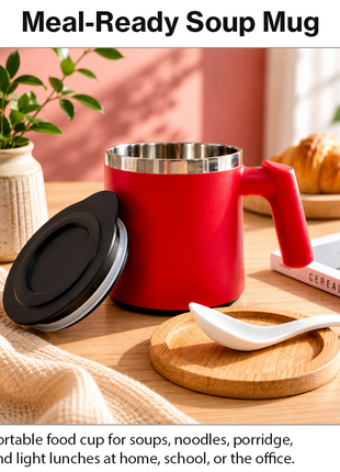Portable Soup Mug with Spoon Matte ABS Exterior and  Stainless Steel Interior Red