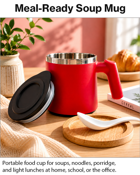 Portable Soup Mug with Spoon Matte ABS Exterior and  Stainless Steel Interior Red