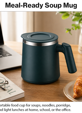 Portable Soup Mug with Spoon Matte ABS Exterior and  Stainless Steel Interior Green