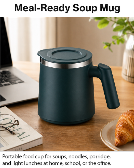 Portable Soup Mug with Spoon Matte ABS Exterior and  Stainless Steel Interior Green