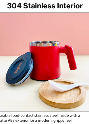 Portable Soup Mug with Spoon Matte ABS Exterior and  Stainless Steel Interior Red