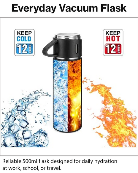 500ml Stainless Steel Vacuum Flask Set with 3 Cups Insulated