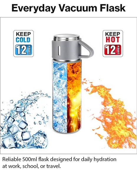 500ml Stainless Steel Vacuum Flask Set with 3 Cups Insulated