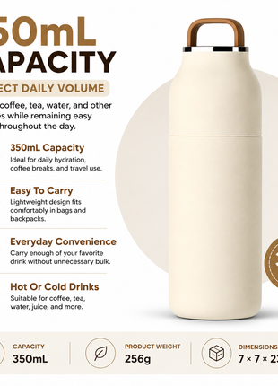 350mL Stainless Steel Vacuum Insulated Thermos Bottle with Silicone Carry Handle- Cream