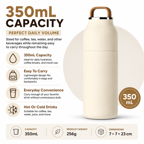 350mL Stainless Steel Vacuum Insulated Thermos Bottle with Silicone Carry Handle- Cream