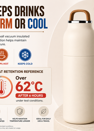 350mL Stainless Steel Vacuum Insulated Thermos Bottle with Silicone Carry Handle- Cream