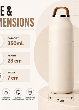 350mL Stainless Steel Vacuum Insulated Thermos Bottle with Silicone Carry Handle- Cream